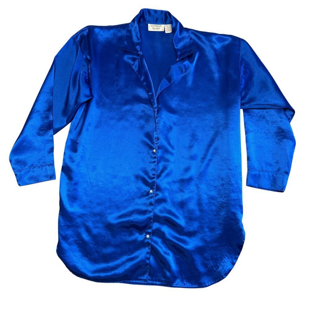 Vintage Gold Label Victoria's Secret Satin Royal Blue Lg Sleeve Nightgown Small - Picture 6 of 8